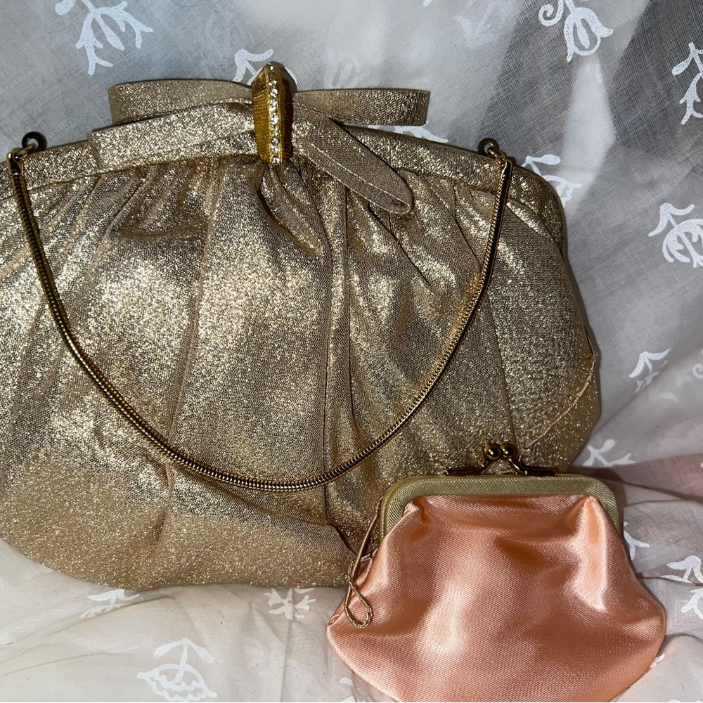 Vintage Harry Lavine  Shimmery Material cream satin Gold Clutch Handbag